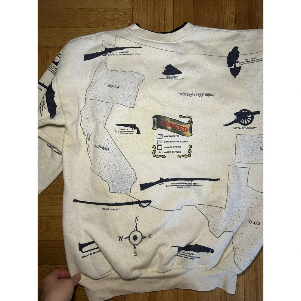 Vtg 90's Civil War Allover Print Cream Sweatshirt USA Double Collar Map Size L
